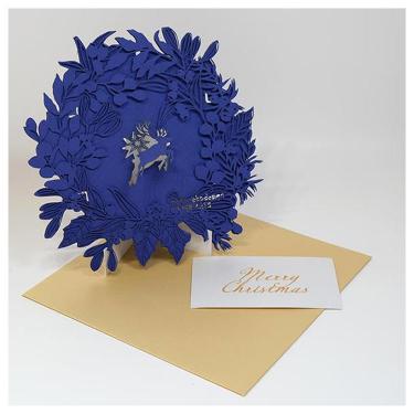 クリスマスカード 立体 レーザーカット リース ディープブルー