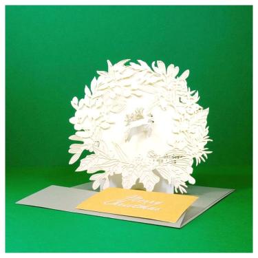 クリスマスカード 立体 レーザーカット リース パールクリーム