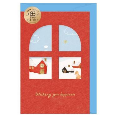 冬柄メッセージカード 窓あき 雪景色とおうち