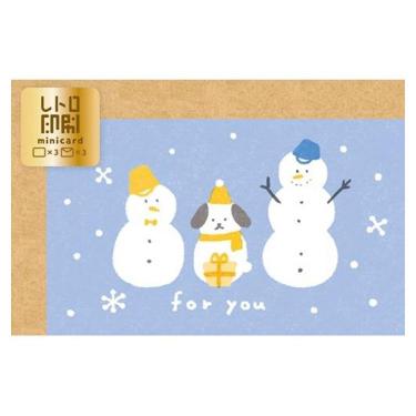 冬柄ミニカード レトロ印刷 雪だるまと犬