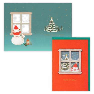 クリスマスカード 窓辺のサンタ