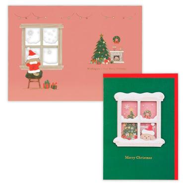 クリスマスカード 窓辺の犬