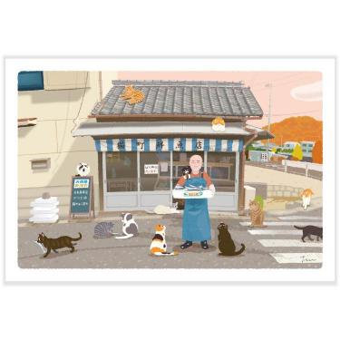 秋柄ポストカード たびねこ 猫町の鮮魚店