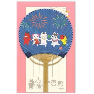 夏柄 竹うちわ グリーティングカード 妖怪 花火